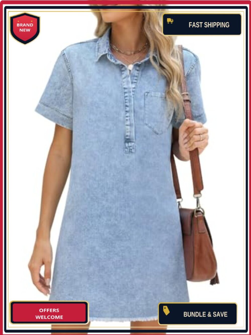 Cute Babydoll Denim Dress with Pockets A-Line V-Neck Short Sleeve